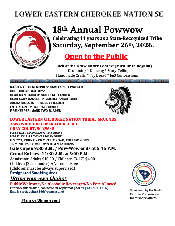 Lower Eastern Cherokee Nation SC 18th Annual Pow Wow 2026